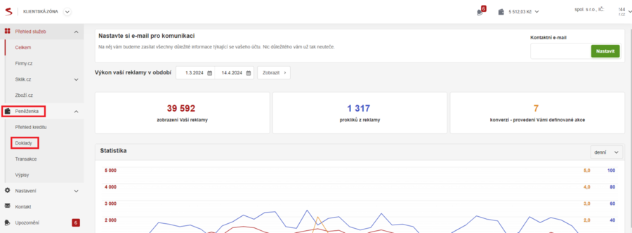 V levém bočním panelu kliknutím rozbalíte menu „Peněženky“. Kliknete na „Doklady“.