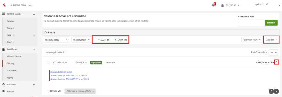 Vyberete si období, za které chcete faktury hledat. Následně klikněte na „Zobrazit“. Ve výpisech se objeví veškeré faktury. Vyberete si, kterou chcete stáhnout, kliknete na řádek faktury a rozbalí se nabídka s dokumenty ke stažení. Kliknete na fakturu, která se následně stáhne.