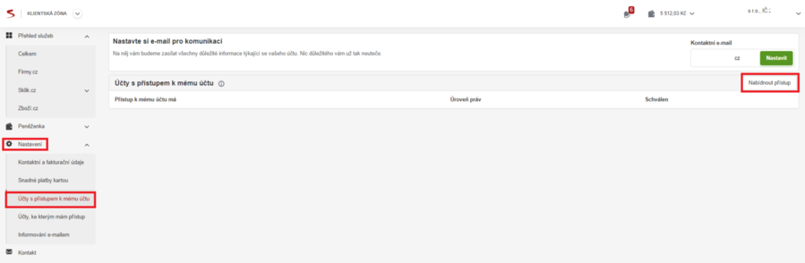 V levém bočním panelu kliknutím rozbalíte menu „Nastavení“. Kliknete na „Účty s přístupem k mému účtu“.