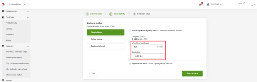 Projděte třemi kroky pro doplnění kreditu. Doporučujeme platbu kartou.