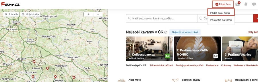 Vpravo nahoře klikněte na červené tlačítko s pluskem „Přidat firmu“ a následně na „Přidat svou firmu“.